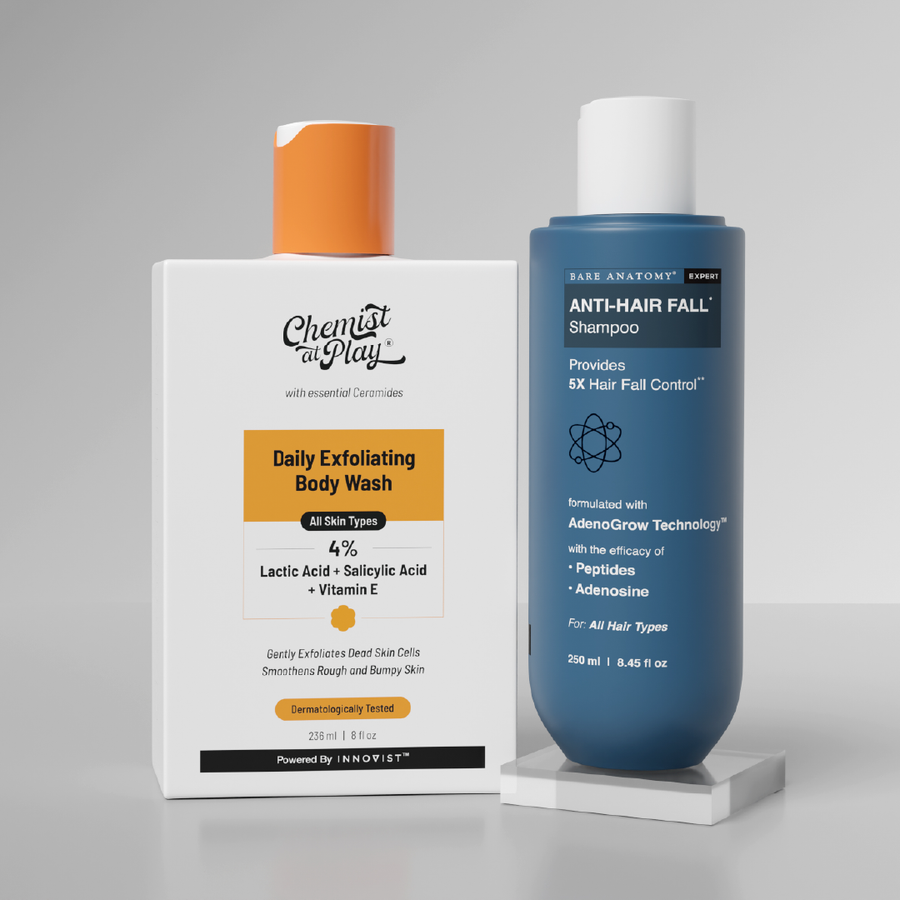 Strength & Smoothness Combo | Anti-Hair Fall Shampoo 250 ml & Exfoliating Body Wash 236 ml