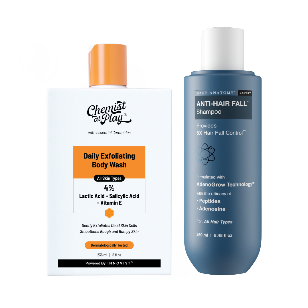 Strength & Smoothness Combo | Anti-Hair Fall Shampoo 250 ml & Exfoliating Body Wash 236 ml