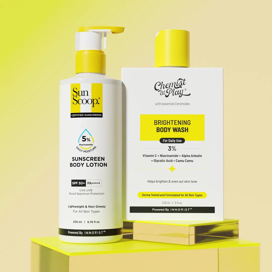 Brightening Body Care Duo | Brightening Boost Body Wash - 236 ml & 5% Niacinamide Sunscreen Body Lotion - 45 ml Combo