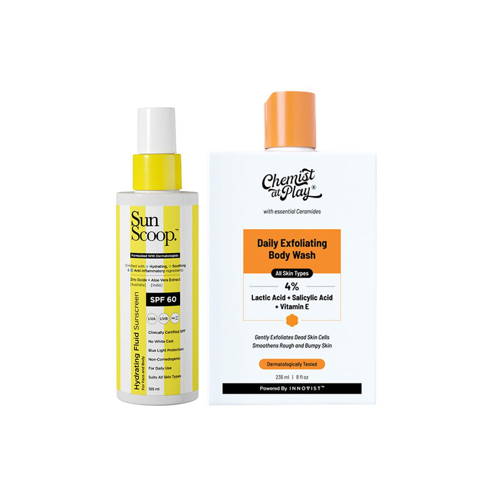 Exfoliate & protect Combo | Hydrating Fluid Sunscreen- 125ml & Daily Exfoliating Body Wash- 236ml