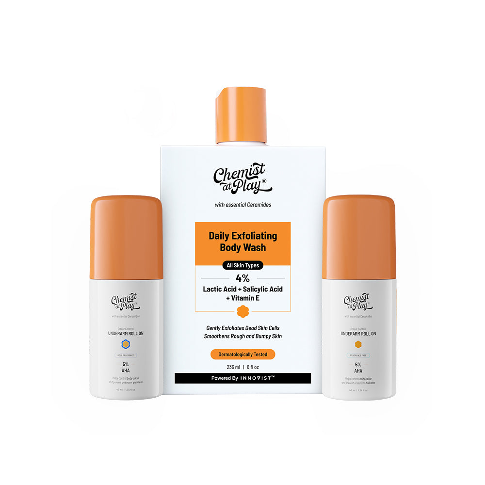 Daily Exfoliation Trio | Aqua & Fragrance Free Underarm Roll On & Exfoliating Body Wash